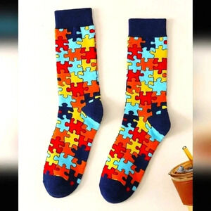 Crew cut socks red and blue men's fashion women's unisex puzzle piece women's je